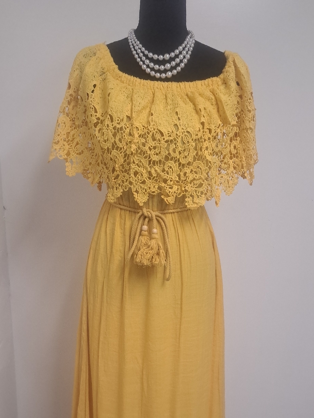 Yellow Lace Off-Shoulder Maxi Dress with Tassel Waist